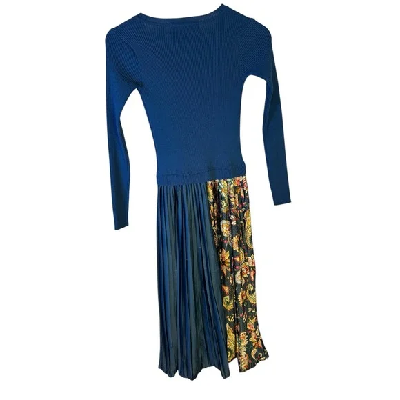 Dalia MacPhee Teal Ribbed Knit Paisley Pleated Midi Dress with Scarf Womens S - Picture 3 of 8